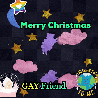A Merry Christmas Card With A Rainbow Star And Clouds GIF