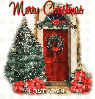 A Merry Christmas Card With A Red Door , Christmas Trees And Poinsettia . GIF