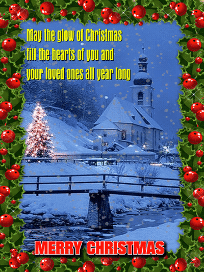 A Merry Christmas Card With A Snowy Church And A Bridge GIF