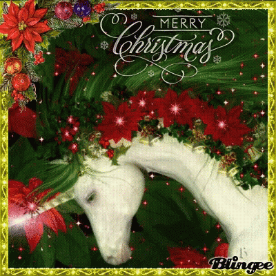 A Merry Christmas Card With A White Unicorn And Poinsettia GIF