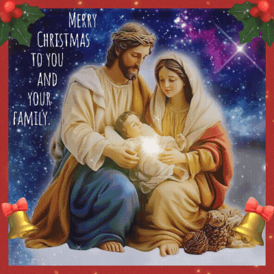 A Merry Christmas Card With Jesus And Mary Holding A Baby GIF