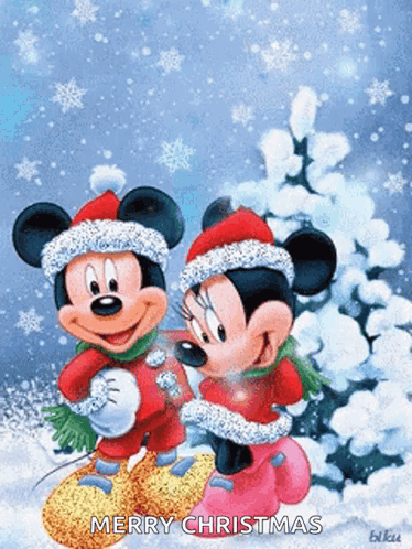 A Merry Christmas Card With Mickey Mouse And Minnie Mouse Standing In The Snow GIF