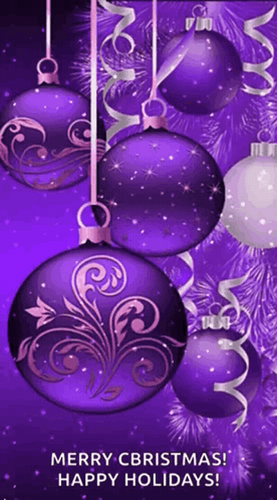 A Merry Christmas Card With Purple And White Christmas Balls GIF