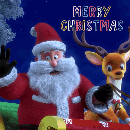 A Merry Christmas Card With Santa And Reindeer On It GIF