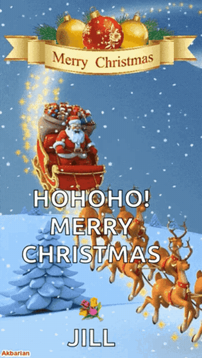 A Merry Christmas Card With Santa In A Sleigh GIF
