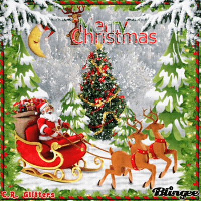 A Merry Christmas Card With Santa In His Sleigh Pulled By Reindeer GIF