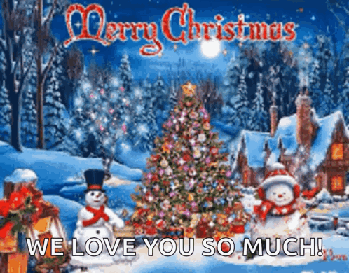 A Merry Christmas Card With Snowmen And A Christmas Tree In The Background GIF