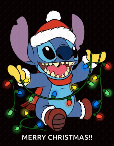 A Merry Christmas Card With Stitch Holding A String Of Lights GIF