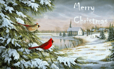 A Merry Christmas Card With Two Cardinals In A Snowy Scene GIF