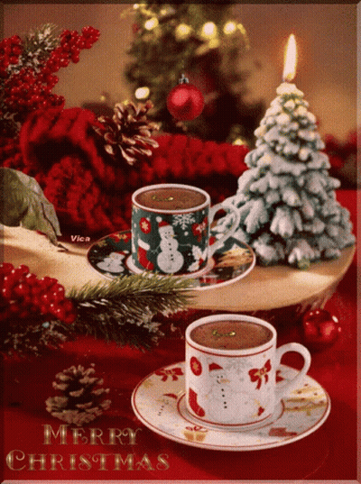 A Merry Christmas Card With Two Cups Of Coffee And A Christmas Tree GIF