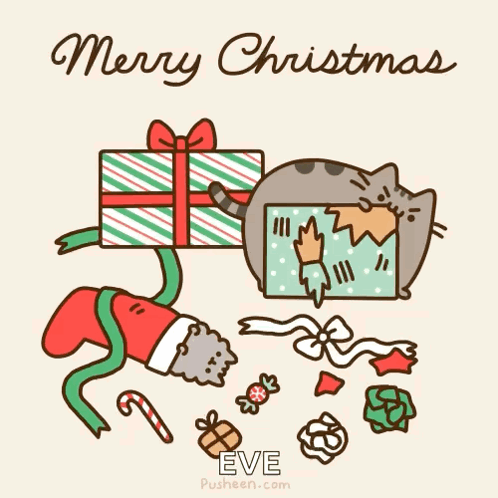 A Merry Christmas Eve Greeting Card With A Cat In A Santa Suit GIF