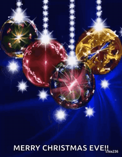 A Merry Christmas Eve Greeting Card With Christmas Balls Hanging From Strings On A Blue Background . GIF