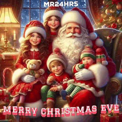 A Merry Christmas Eve Greeting With A Picture Of Santa And Three Children GIF