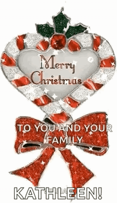 A Merry Christmas Greeting Card With A Candy Cane In The Shape Of A Heart And A Bow . GIF