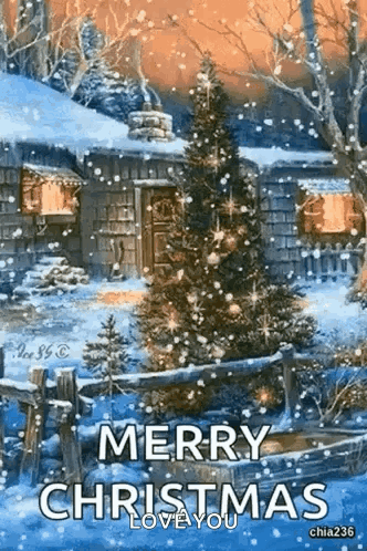 A Merry Christmas Greeting Card With A Christmas Tree And A House In The Snow GIF
