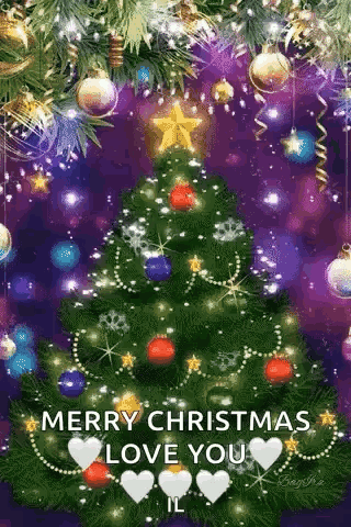 A Merry Christmas Greeting Card With A Christmas Tree And Decorations GIF