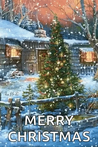 A Merry Christmas Greeting Card With A Christmas Tree In Front Of A Cabin In The Snow . GIF