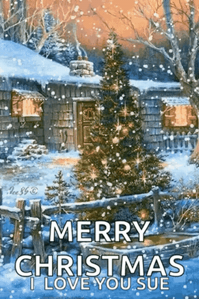 A Merry Christmas Greeting Card With A Christmas Tree In Front Of A House GIF