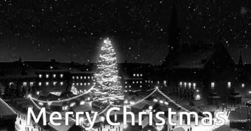 A Merry Christmas Greeting Card With A Christmas Tree In The Background GIF