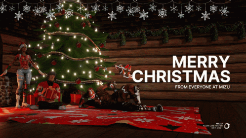 A Merry Christmas Greeting Card With A Christmas Tree In The Background GIF