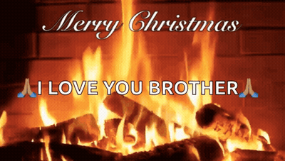 A Merry Christmas Greeting Card With A Fire In The Background GIF