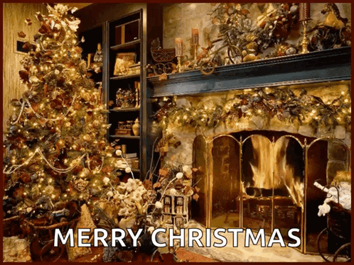 A Merry Christmas Greeting Card With A Fireplace And A Christmas Tree GIF