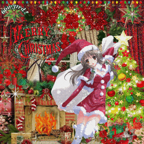 A Merry Christmas Greeting Card With A Girl In A Santa Suit GIF