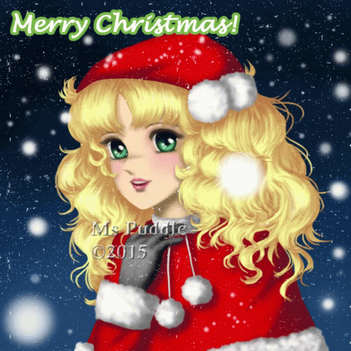 A Merry Christmas Greeting Card With A Girl In Santa Hat GIF
