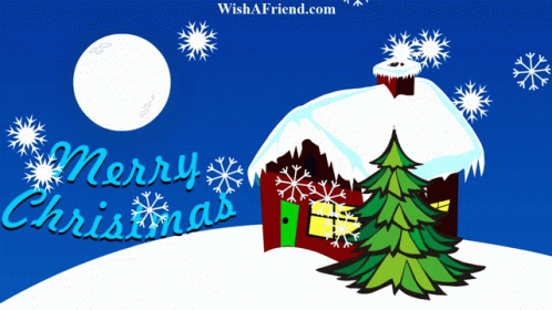 A Merry Christmas Greeting Card With A House And Tree GIF