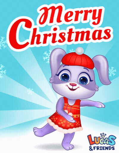 A Merry Christmas Greeting Card With A Purple Bunny Wearing A Red Hat GIF