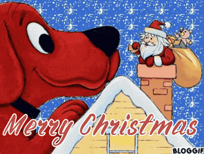 A Merry Christmas Greeting Card With A Red Dog And Santa Claus GIF
