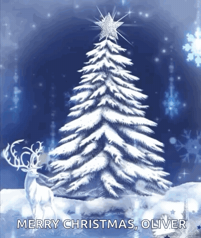 A Merry Christmas Greeting Card With A Snowy Christmas Tree And Reindeer GIF