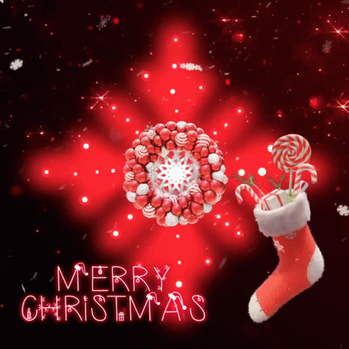 A Merry Christmas Greeting Card With A Wreath And A Stocking GIF