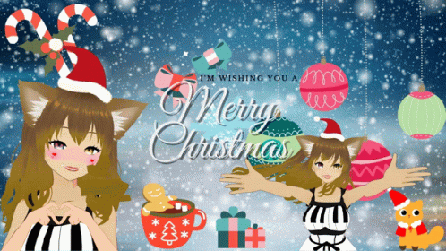A Merry Christmas Greeting Card With Anime Characters GIF