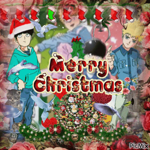A Merry Christmas Greeting Card With Anime Characters GIF