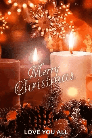 A Merry Christmas Greeting Card With Candles And Pine Cones GIF