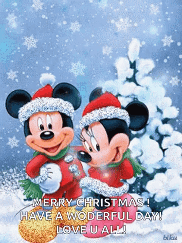 A Merry Christmas Greeting Card With Mickey Mouse And Minnie Mouse In The Snow GIF