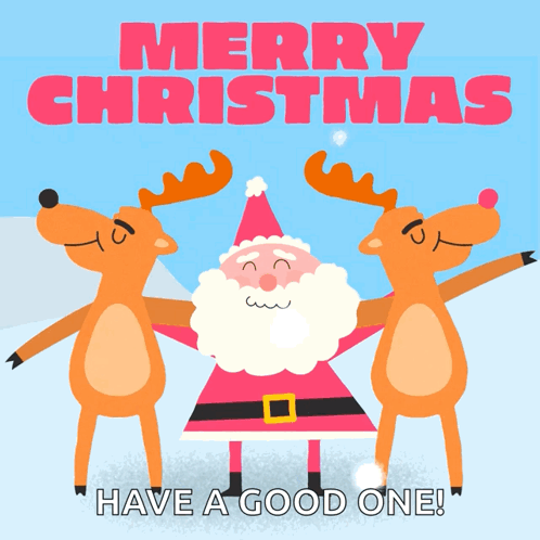 A Merry Christmas Greeting Card With Santa And Reindeer GIF