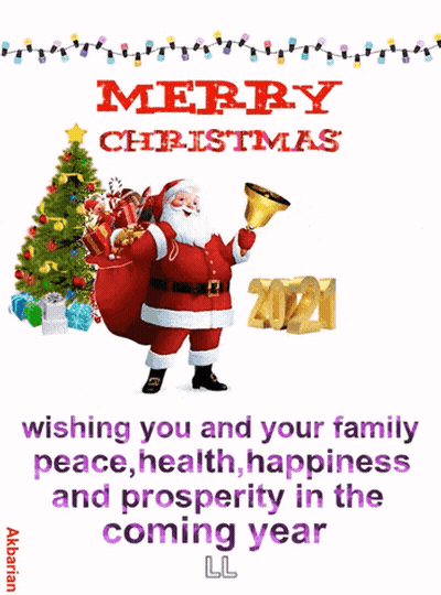 A Merry Christmas Greeting Card With Santa And The Year 2021 GIF