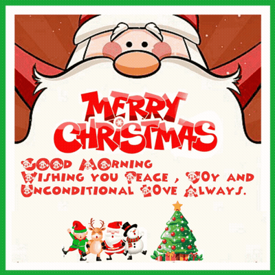 A Merry Christmas Greeting Card With Santa Claus And A Christmas Tree GIF