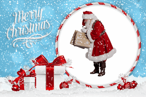A Merry Christmas Greeting Card With Santa Claus Holding Gifts GIF