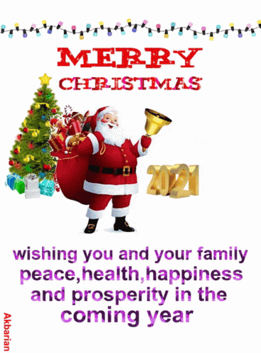 A Merry Christmas Greeting Card With Santa Holding A Bell GIF