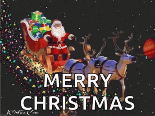 A Merry Christmas Greeting Card With Santa In A Sleigh GIF