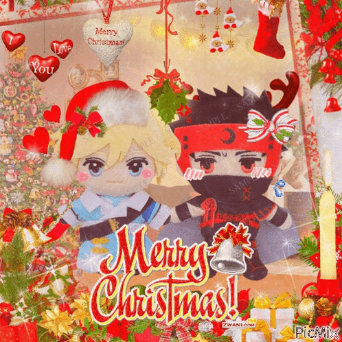 A Merry Christmas Greeting Card With Stuffed Animals GIF