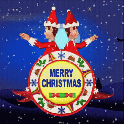 A Merry Christmas Greeting Card With Two Elves GIF