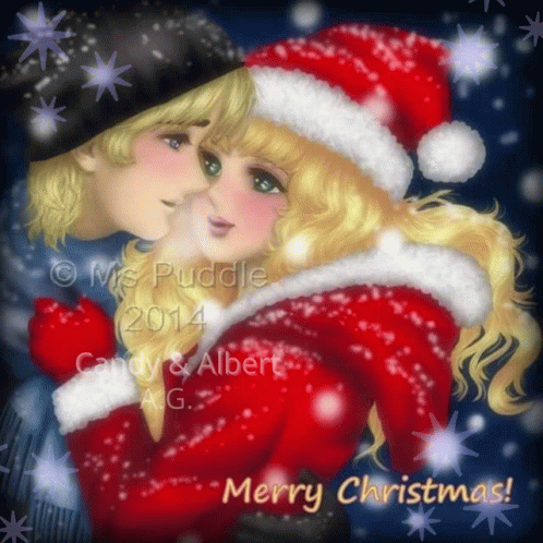A Merry Christmas Greeting Card With Two Girls Kissing GIF