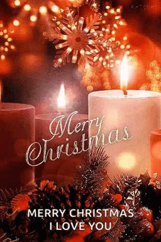 A Merry Christmas Greeting Card With Two Lit Candles And Pine Cones GIF