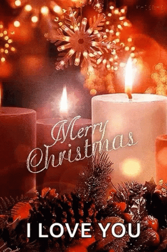 A Merry Christmas I Love You Greeting Card With Candles And Pine Cones GIF