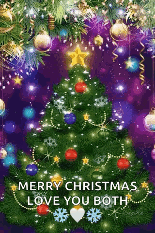A Merry Christmas Love You Both Greeting Card With A Christmas Tree And Decorations GIF