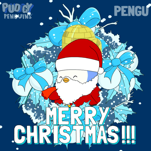 A Merry Christmas Poster With A Penguin In A Santa Hat GIF